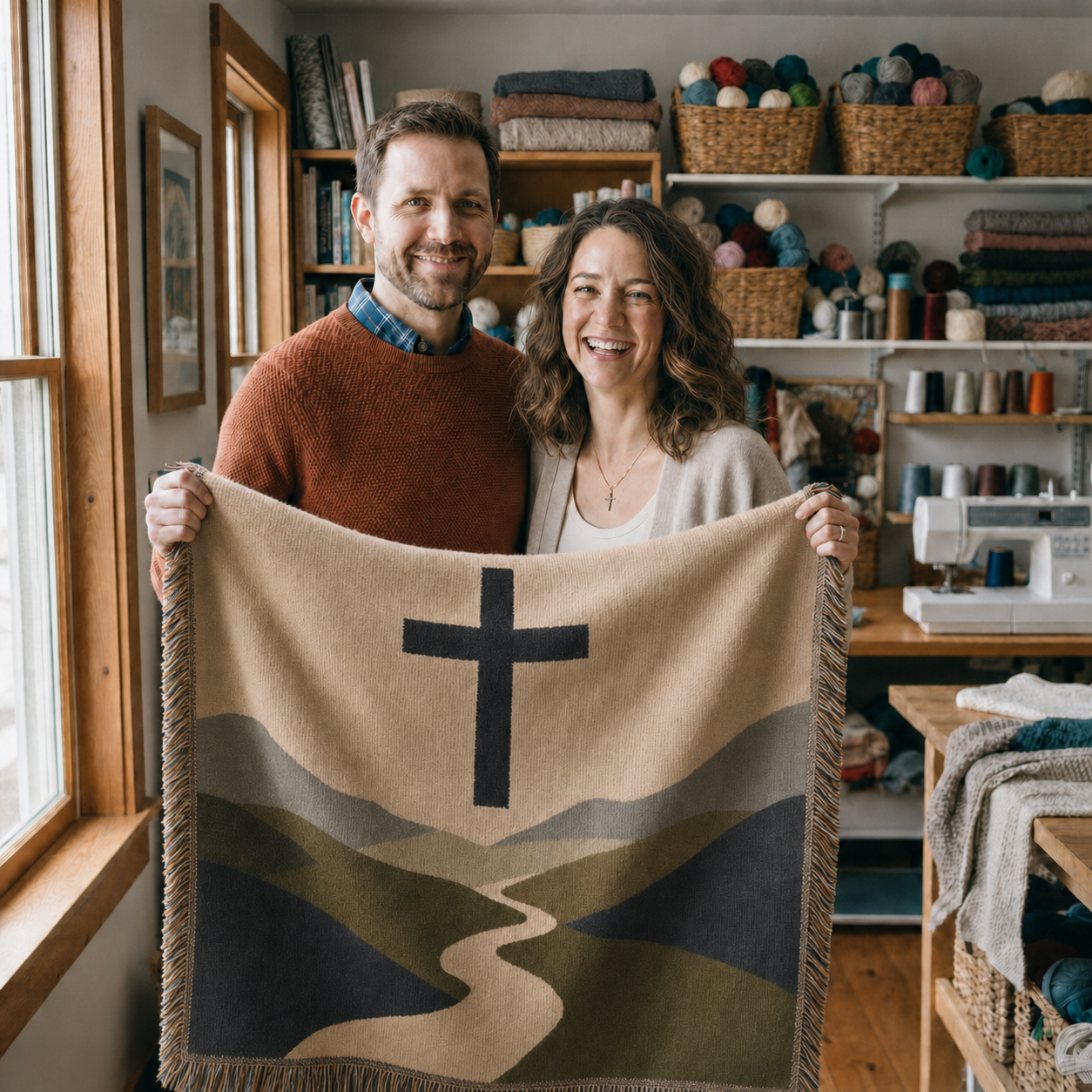 Daniel and Sarah, the husband-and-wife founders of Comfort & Cross, holding The Way Home Blanket in their design studio