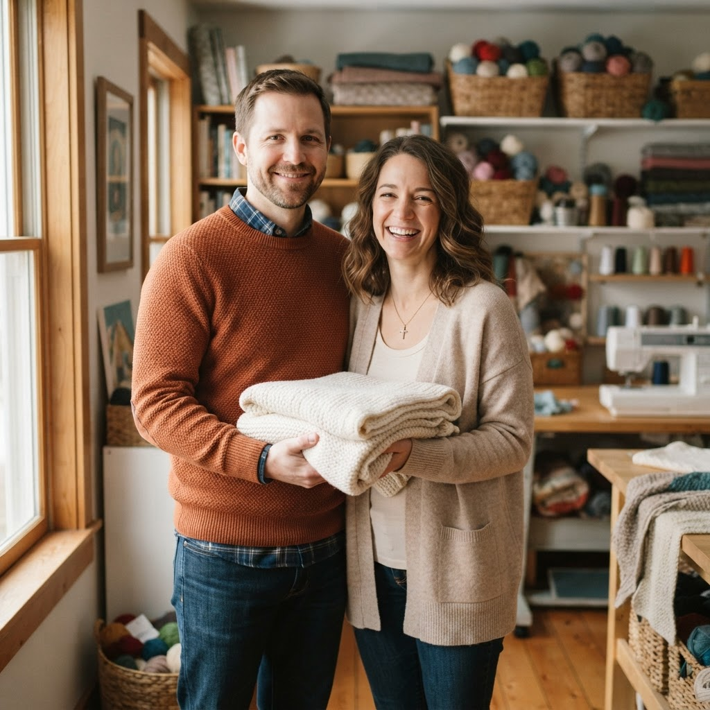 Daniel and Sarah, the husband-and-wife founders of Comfort & Cross, holding a handmade cream blanket in their studio