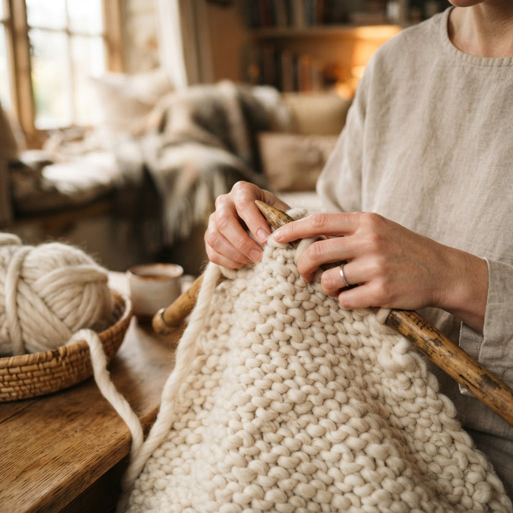 Hands knitting a cream chunky wool blanket with wooden needles