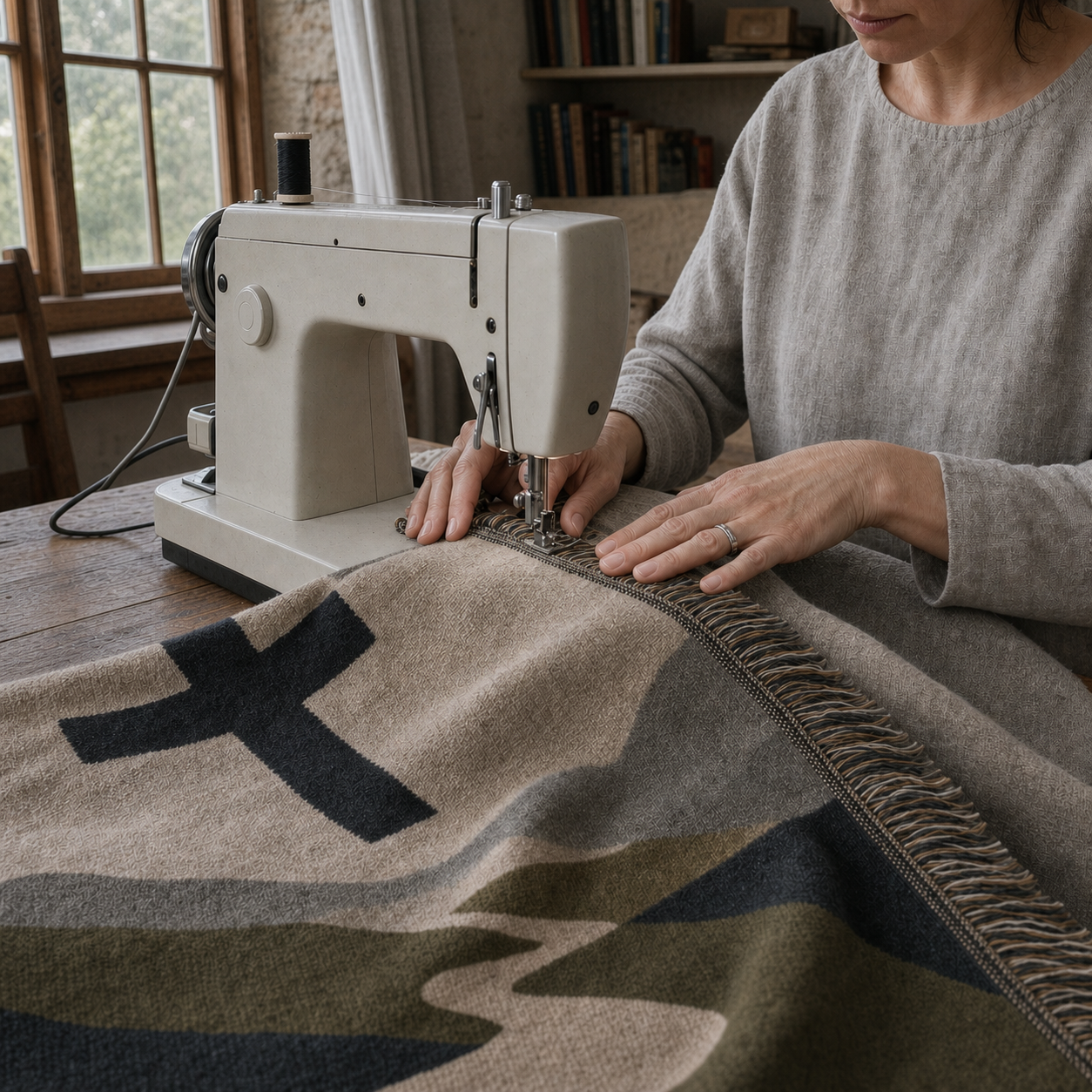Sarah reviewing the fringed edge of The Way Home Blanket in the Comfort & Cross design studio